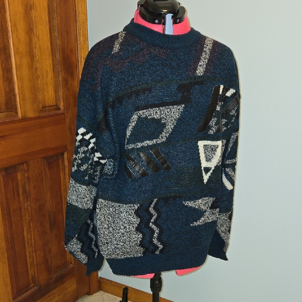 Men's Geometric Pattern Sweater - Blue and Gray